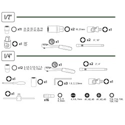 52722 - Caixa de ferramentas de 61 peças chaves spline de 1/4" e 1/2" - JBM